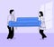 Young couple carrying blue sofa, couch vector.