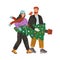 Young couple carrying decorated xmas fir tree. Happy man and woman preparing for Christmas and New Year celebration