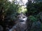 Young couple crossing a small creek in La Cumbre