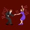 Young couple dancing lindy hop or swing in a formation, man and woman Rock and Roll dancing, vector illustration