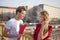 Young couple dating outdoor on sunny day