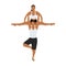 Young couple doing balancing on one leg and lifting girlfriend doing splits during acro yoga session