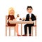 Young Couple drinks coffee with desserts at the cafe having coffee break and chatting vector flat illustration. Man and