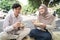 Young couple eat traditional food of indonesia is nasi rames