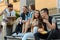 Young couple eating takeout food