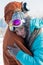 Young couple embracing winter countryside ski snow