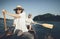 Young couple enjoy summer canoe ride on the lake