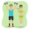 Young couple exercising with dumbbells together