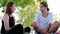 Young couple with face mask having fun while sitting on grass. Meeting with friends in the park during the coronavirus epidemi