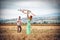 Young couple flying a kite