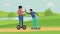 Young couple, friends riding scooters near river flat vector illustration. Friendship, entertainment, active leisure