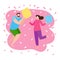 Young couple having fun at a pajama sleepover party. A man and a woman fight with pillows. Colorful concept for pajama party,