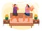 Young couple having pillow battle, man and woman enjoying time together lovers beat on bed at home