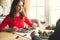 Young couple having romantic dinner in the restaurant eating salad calm close-up