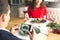 Young couple having romantic dinner in the restaurant salad photos