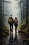 A young couple of hikers walk through the forest in rainy weather.