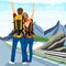 Young couple of hitchhikers standing on road and enjoying mountain scenery