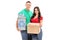 Young couple holding recycle bin and a box