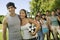 Young couple holding soccer ball