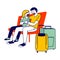 Young Couple Hugging on Bench with Luggage Bags Stand nearby in Airport Waiting Area, Flight Delay