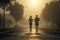 Young couple jogging in the city at sunrise. Healthy lifestyle. A couple of adults on a morning run, AI Generated