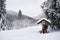 Young couple kissing under a shelter while hiking in winter