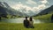 Young Couple in Love by the Alps Lakes. Romantic Alps Escape. Generative AI