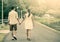 Young couple in love holding hand and walking together