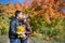 Young couple in love, kiss, autumn