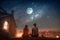 Young couple in love looking at the night sky with full moon, romantic scene, illustration generated by AI