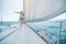 Young couple in love sailing sailboat yacht