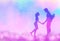 Young couple in love silhouette on watercolor background. Roman