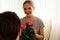 Young couple lover surprise give rose flower in valentine`s day.