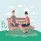 Young couple lovers sitting on park chair