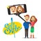 Young couple making self portrait using selfie stick. Vector.