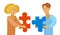 Young couple man and woman with puzzle pieces in their hands are building relationship by matching each other vector illustration