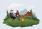 Young couple, man and woman sitting around the campfire on the farm . Mountain alpine landscape. Isolated vector