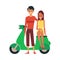 Young couple a man and a woman are standing and sitting next to a moped, motorcycle and motorbike.