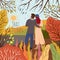 Young couple meets new autumn day. Sunrise, hills,trees, flying birds, natural landscape in a trendy flat cute style