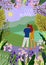 Young couple meets new day. Sunrise, hills, flowers, trees, natural landscape in a trendy flat style. Vertical Vector