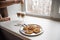 Young couple of millennials in black t-shirts hugging in the kitchen in the morning by the window