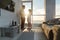 Young Couple Modern Apartment Big Panoramic Window Sea View, Mix Race Man And Woman Morning Bedroom