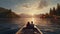 a young couple on a motorboat, gliding smoothly across calm waters. The minimalist style highlights the tranquility of
