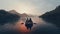 a young couple on a motorboat, gliding smoothly across calm waters. The minimalist style highlights the tranquility of