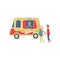 Young couple near hot-dog truck. Cheerful seller waving by hand. Van with traditional street fast food. Flat vector