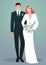 Young couple of newlyweds wearing wedding clothes. Retro Style. Elegant groom and beautiful red haired bride holding bridal bouque