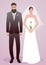 Young couple of newlyweds wearing wedding clothes. Stylish bearded groom and beautiful bride with veil holding a tulip