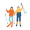 Young couple or pair of friends skiing together. Smiling man and woman on skis. Winter extreme sports and outdoor