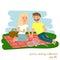 Young couple on picnic together. Family picnic vacation. Summer happy lifestyle park outdoors. Vector illustration.