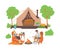 Young couple resting in campfire on glamping site, vector illustration isolated.